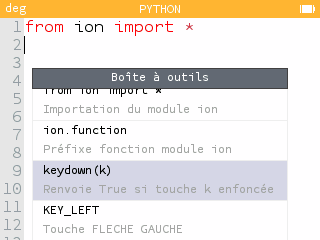 Fonction keydown() dans la boîte à outils de l'application Python