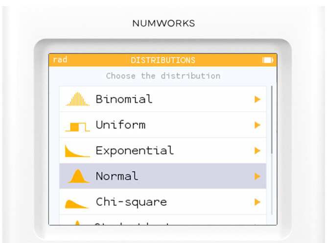 Distributions app on the NumWorks graphing calculator