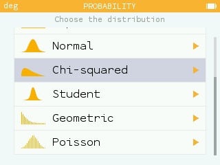 The chi-square, Student and geometric distributions are available in the Probabilities application