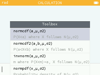 The functions associated with the normal and binomial distributions available in the Probabilities section of the toolbox