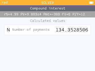 Obtaining the payoff time of 130.35 months