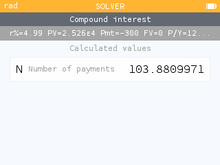 Obtaining the payoff time of 103.88 months