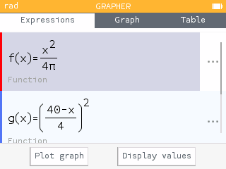 Functions for the area of the circle and the area of the square