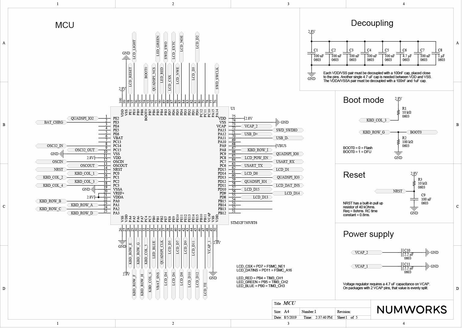 NumWorks graphing calculator MCU schematics