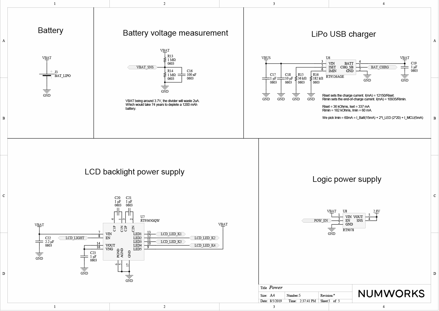 NumWorks graphing calculator power schematics