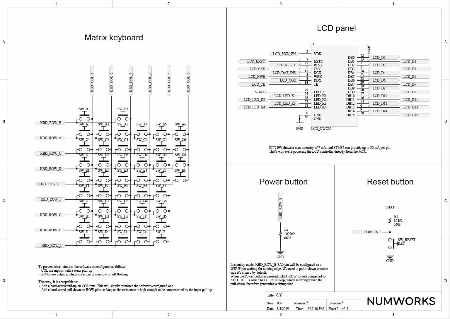 NumWorks graphing calculator keyboard and screen schematics