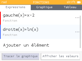 Création des deux fonctions x-2 et ln(x) dans l'application Fonctions de la calculatrice