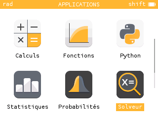 L'application solveur dans le menu d'applications de la calculatrice NumWorks