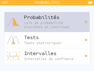 Menu principal de l'application Probabilités