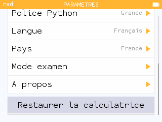 Restaurer la calculatrice depuis les Paramètres