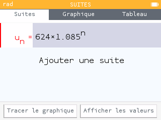 Suite de raison 1,085 et de premier terme 624.