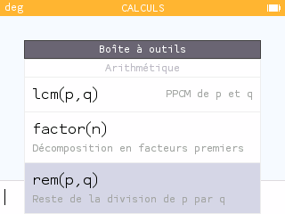 On cherche le menu Arithmétique dans la Boîte à outils, fonction rem