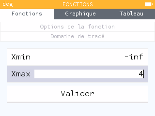 On sélectionne le nom de la fonction, touche OK puis Domaine de tracé afin de modifier les bornes de la fonction.