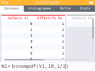 Après avoir rempli la colonne V1 avec des valeurs allant de 0 à 10, on sélectionne le nom de la colonne N1 puis Remplir avec une formule.