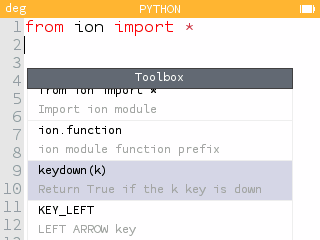 Keydown() functie in de Toolbox van de Python applicatie