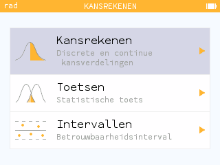 Hoofdmenu van de Kansrekenen applicatie