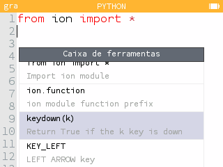 Função keydown() na caixa de ferramentas da aplicação Python