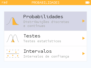 Menu principal da aplicação Probabilidades